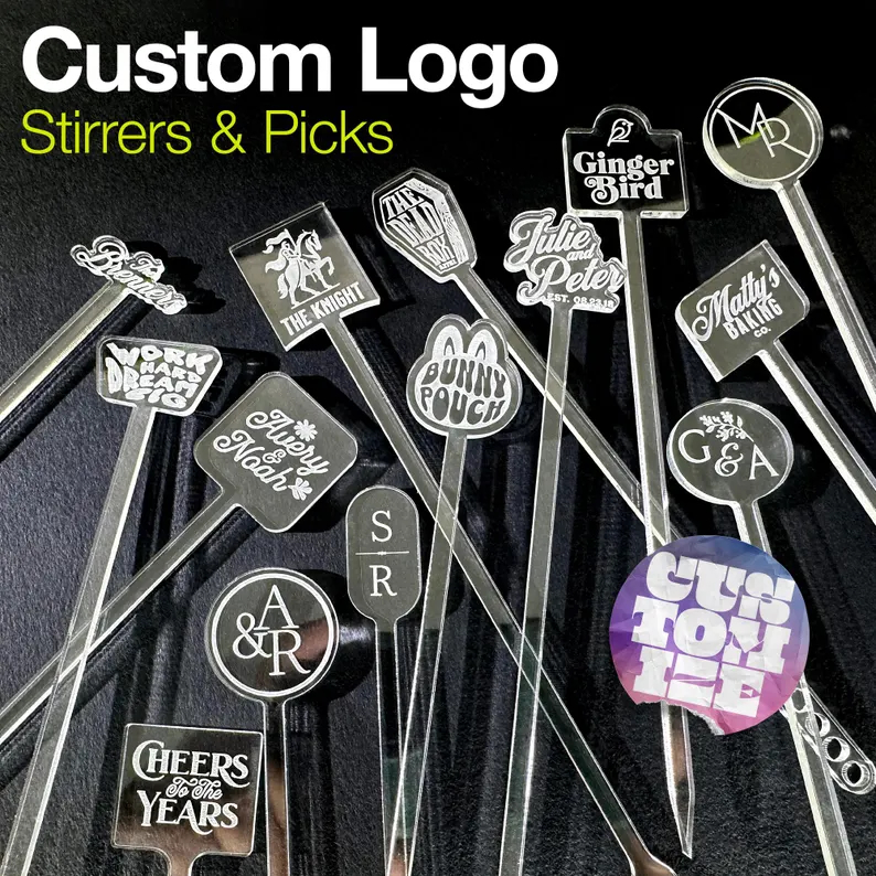 Custom Drink Stirrers and Picks from Rivers and Caves. Personalized Swizzle sticks. Stir Sticks.