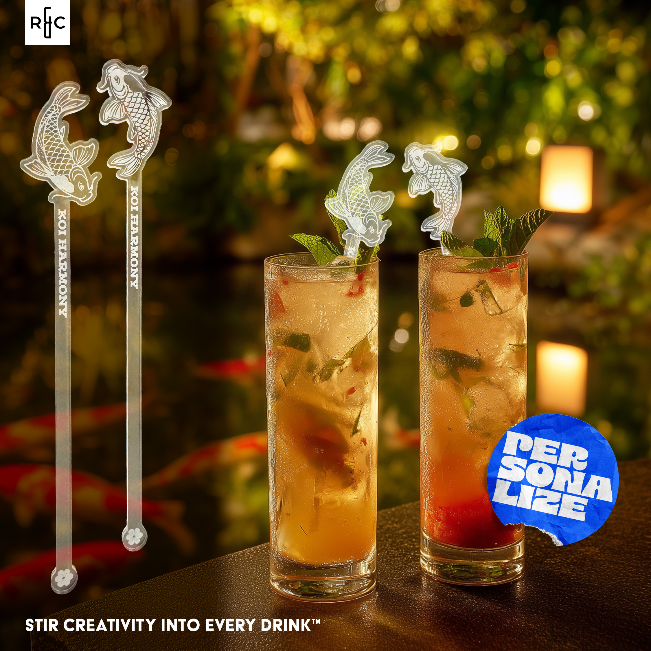 Custom Drink Stirrers. Personalized Koi Harmony swizzle stir sticks.