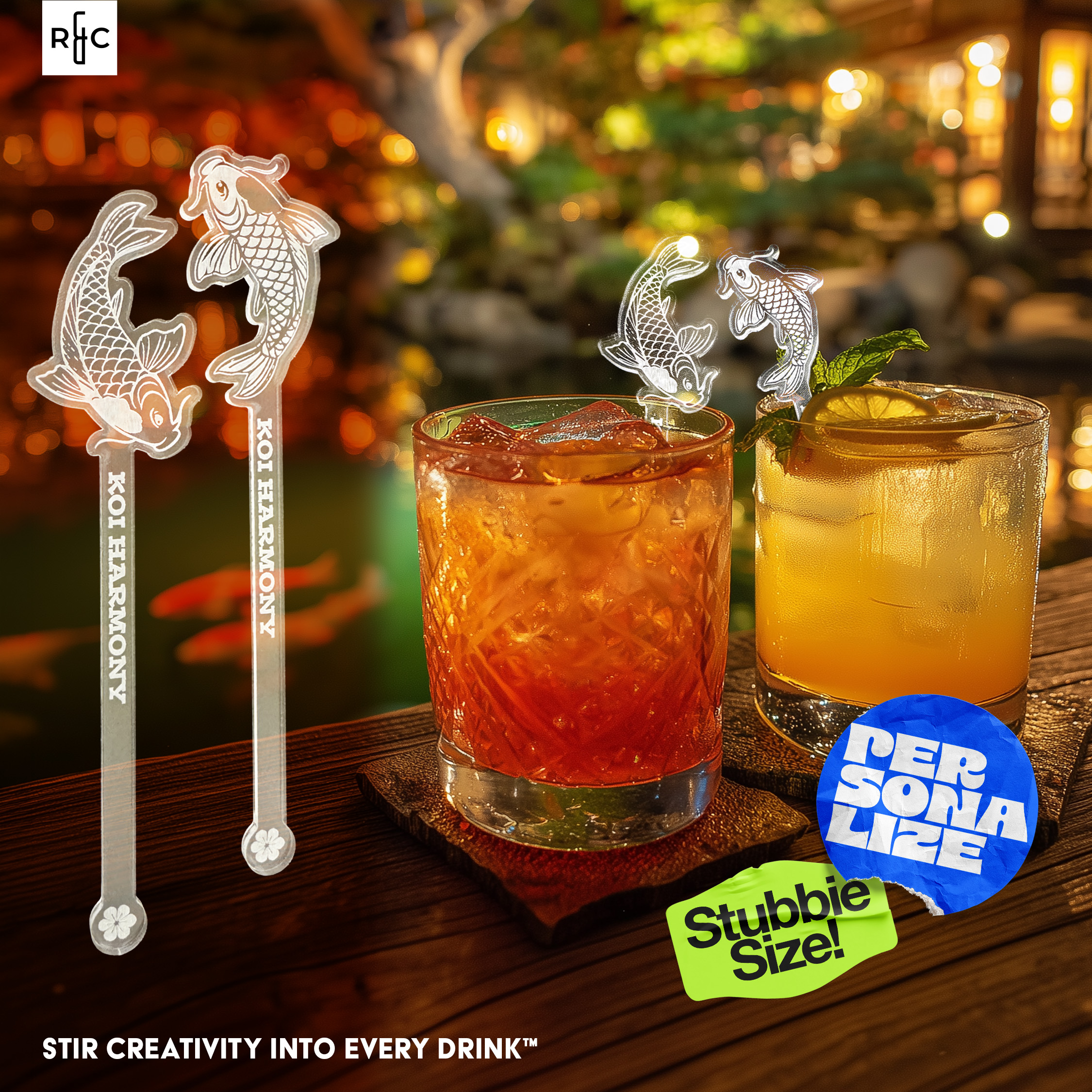 Custom Drink Stirrers. Personalized Koi Harmony swizzle stir sticks.
